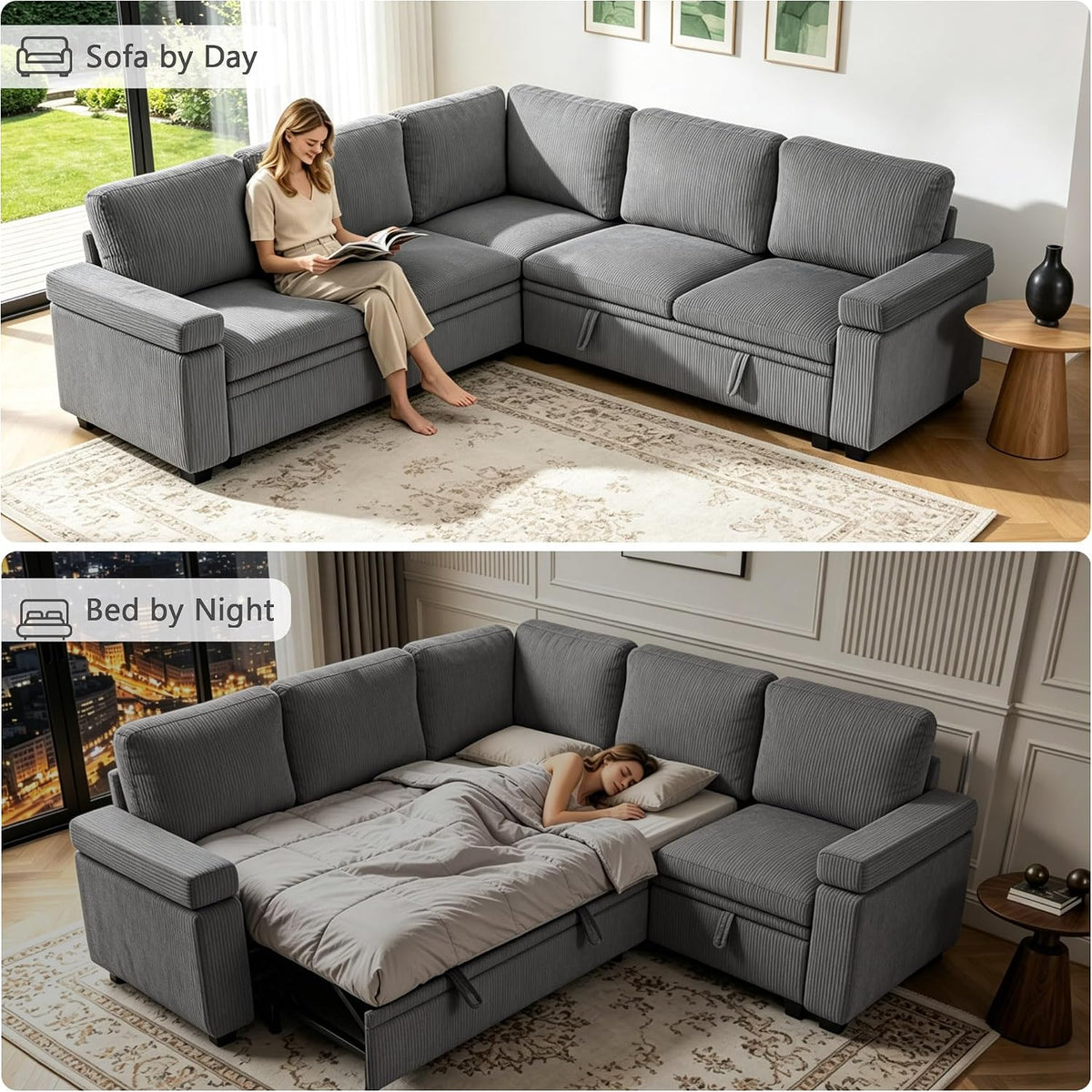 86" Modular Sectional Sleeper Sofa with Pull Out Bed, Sleeper Couch, Gray
