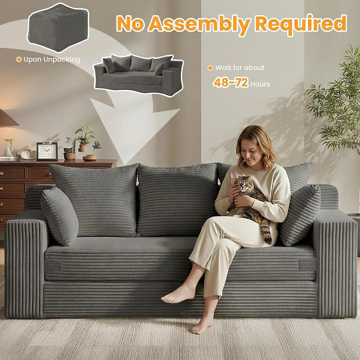 Boneless Couches 70 inch, 3 Seater Boneless Couch with Futon Couch Corduroy Boneless Couch with 5 Pillows, Gray Sofa for Living Room & Bedroom