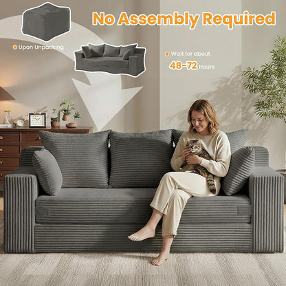 Boneless Couches 70 inch, 3 Seater Boneless Couch with Futon Couch Corduroy Boneless Couch with 5 Pillows, Gray Sofa for Living Room & Bedroom