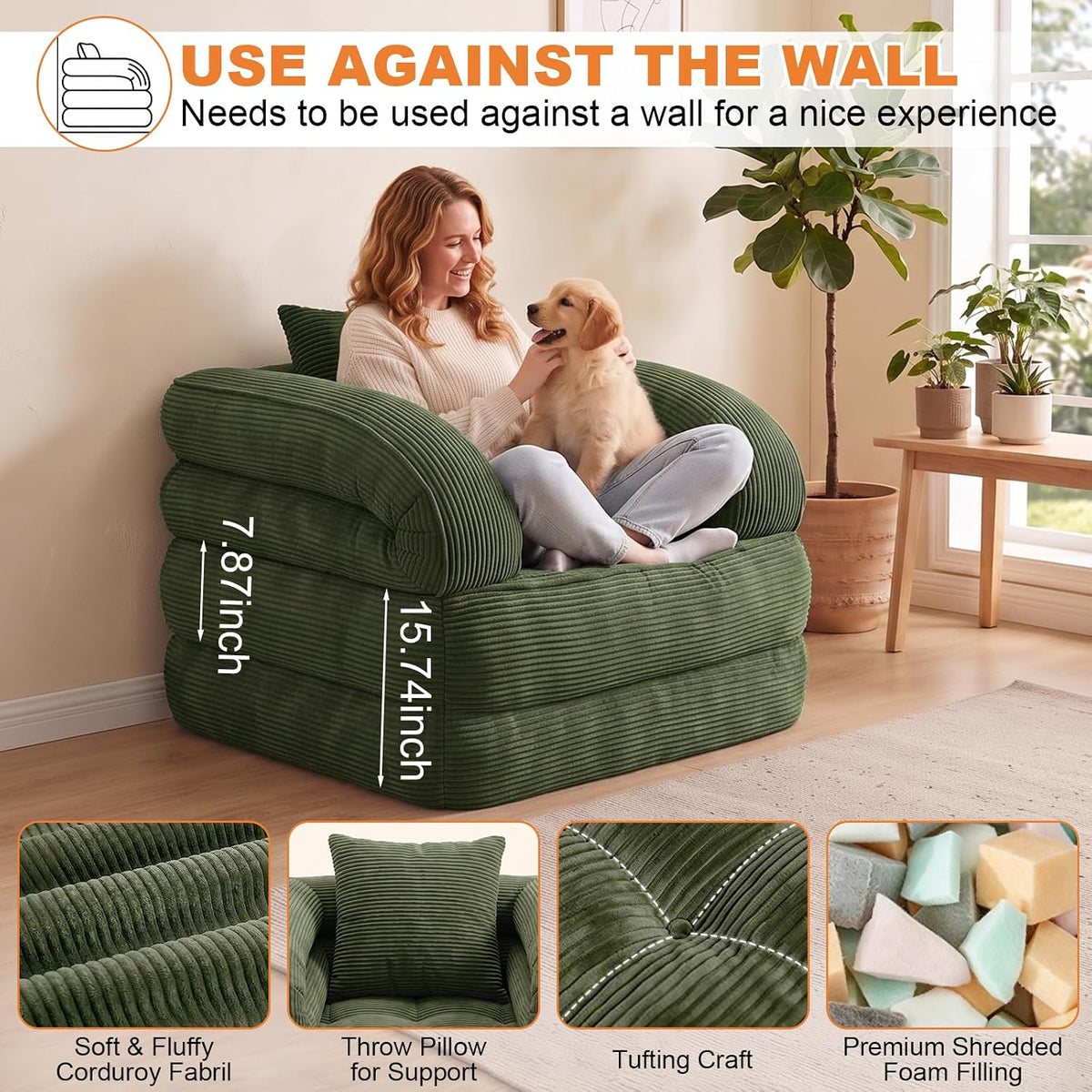 Folding Sofa Bed, Convertible Sleeper Chair, Corduroy Boneless Couch