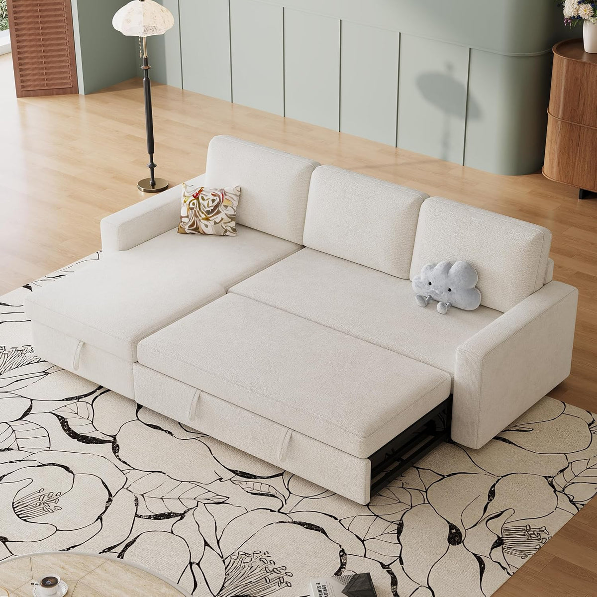 81" L Shaped Convertible Sleeper Sectional Sofa Bed, Beige