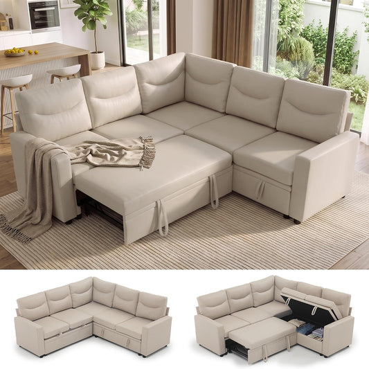 81" Sectional Sleeper Sofa Bed, 5 Seat Pull Out Couch with Storage Beige