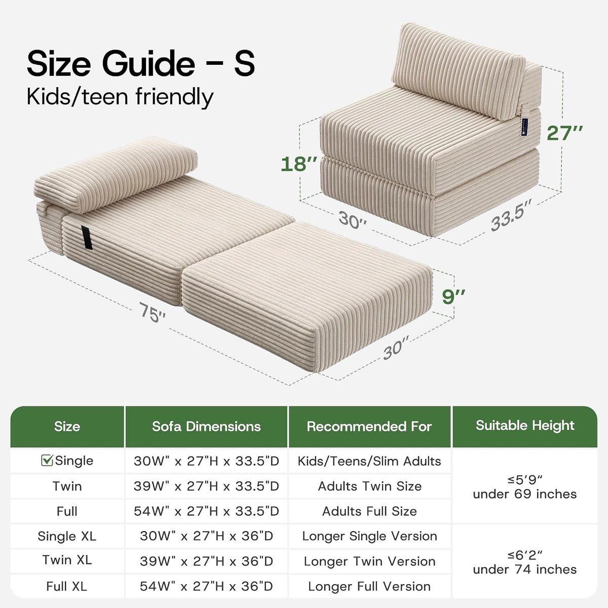 Folding Sofa Bed Convertible 4 in 1 Sleeper Chair Beige Single