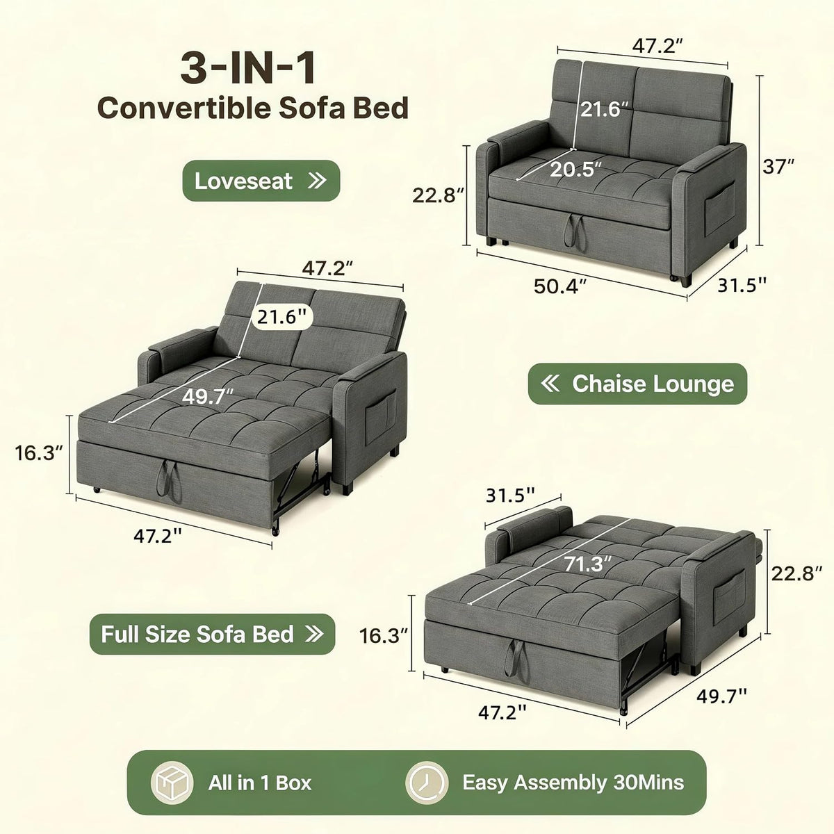 Gizoon Convertible Sofa Bed Modern Couch Bed & Small Loveseat Sleeper, Grey