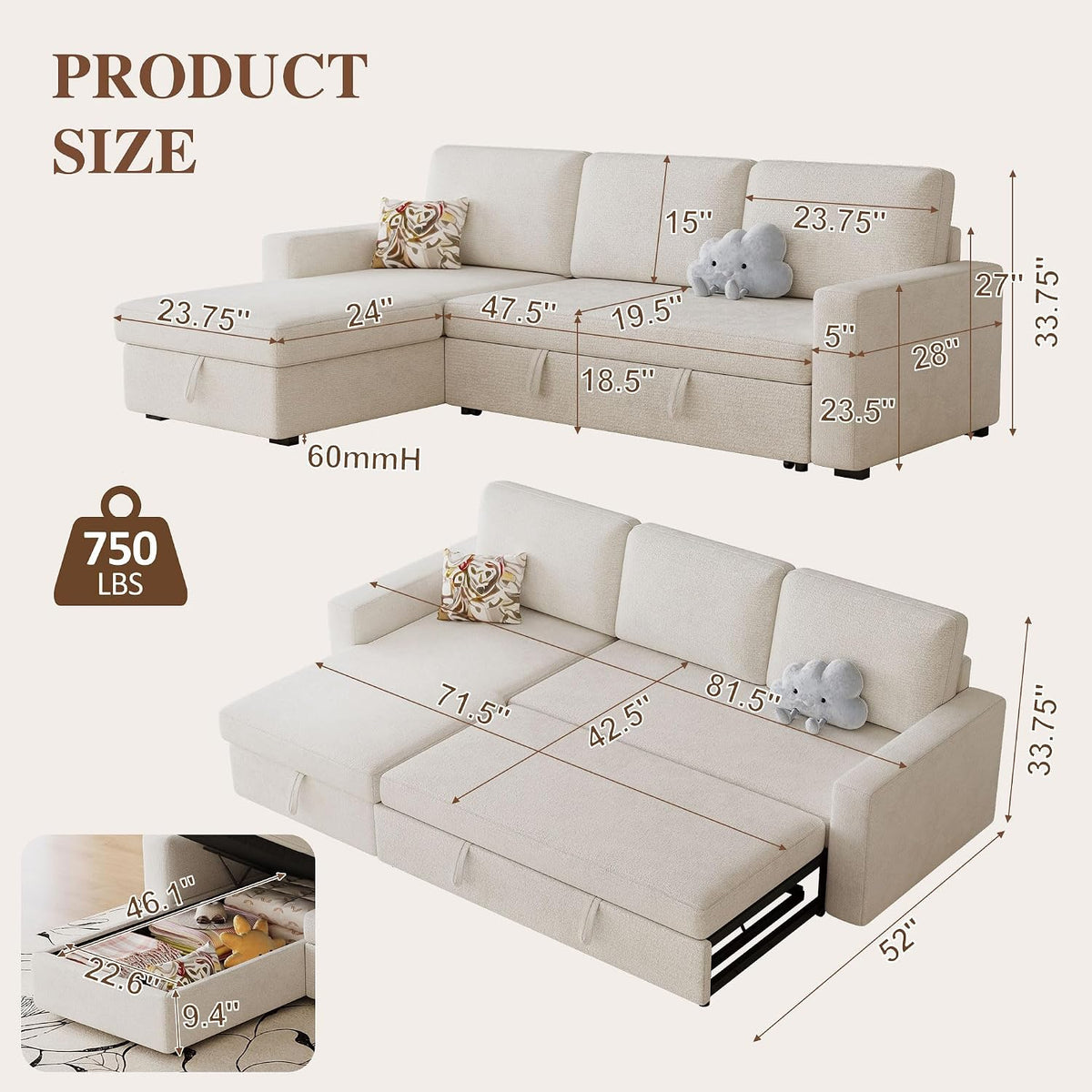 81" L Shaped Convertible Sleeper Sectional Sofa Bed, Beige