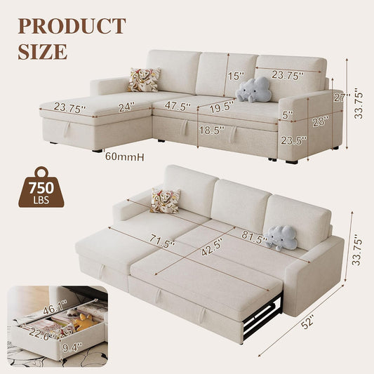 81" L Shaped Convertible Sleeper Sectional Sofa Bed, Beige