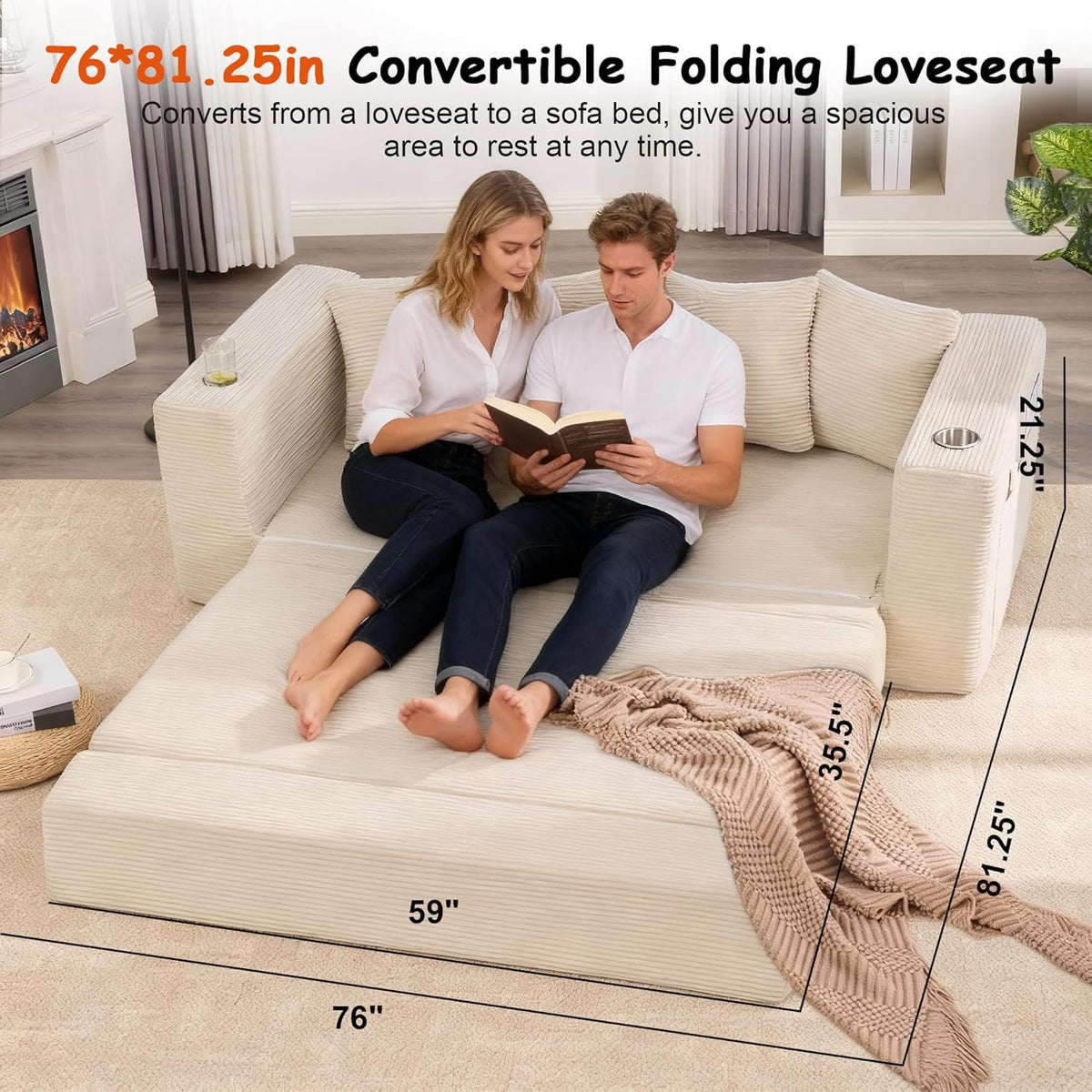 76" Convertible Sofa Bed, Corduroy Boneless Couch with Cup Holders & Pocket