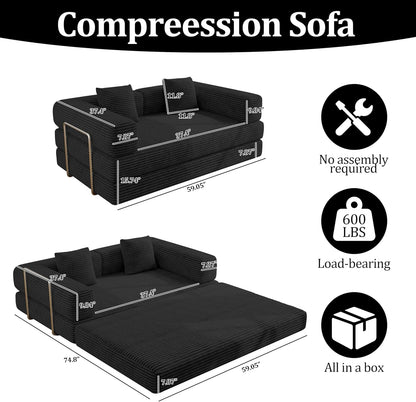 59 Inch Convertible Sofas Bed, 5-in-1 Futon Sofa Pull Out Sleeper Couch, Boneless Couches for Living Room, Corduroy Floor Compression Loveseat for Bedroom, Apartment, No Assembly, Black, 2 Seat