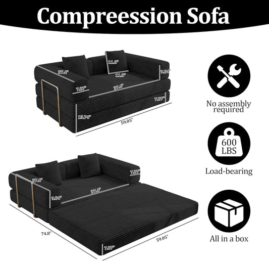 59 Inch Convertible Sofas Bed, 5-in-1 Futon Sofa Pull Out Sleeper Couch, Boneless Couches for Living Room, Corduroy Floor Compression Loveseat for Bedroom, Apartment, No Assembly, Black, 2 Seat