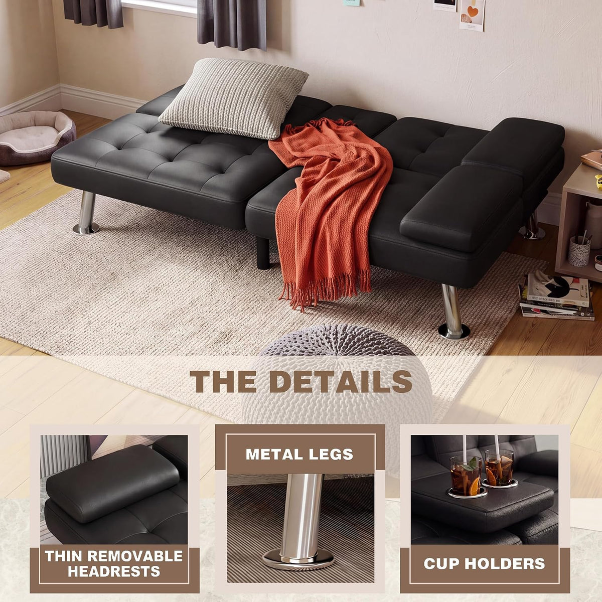 Homall Black Faux Leather Futon Sofa Bed, Loveseat with Adjustable Backrest
