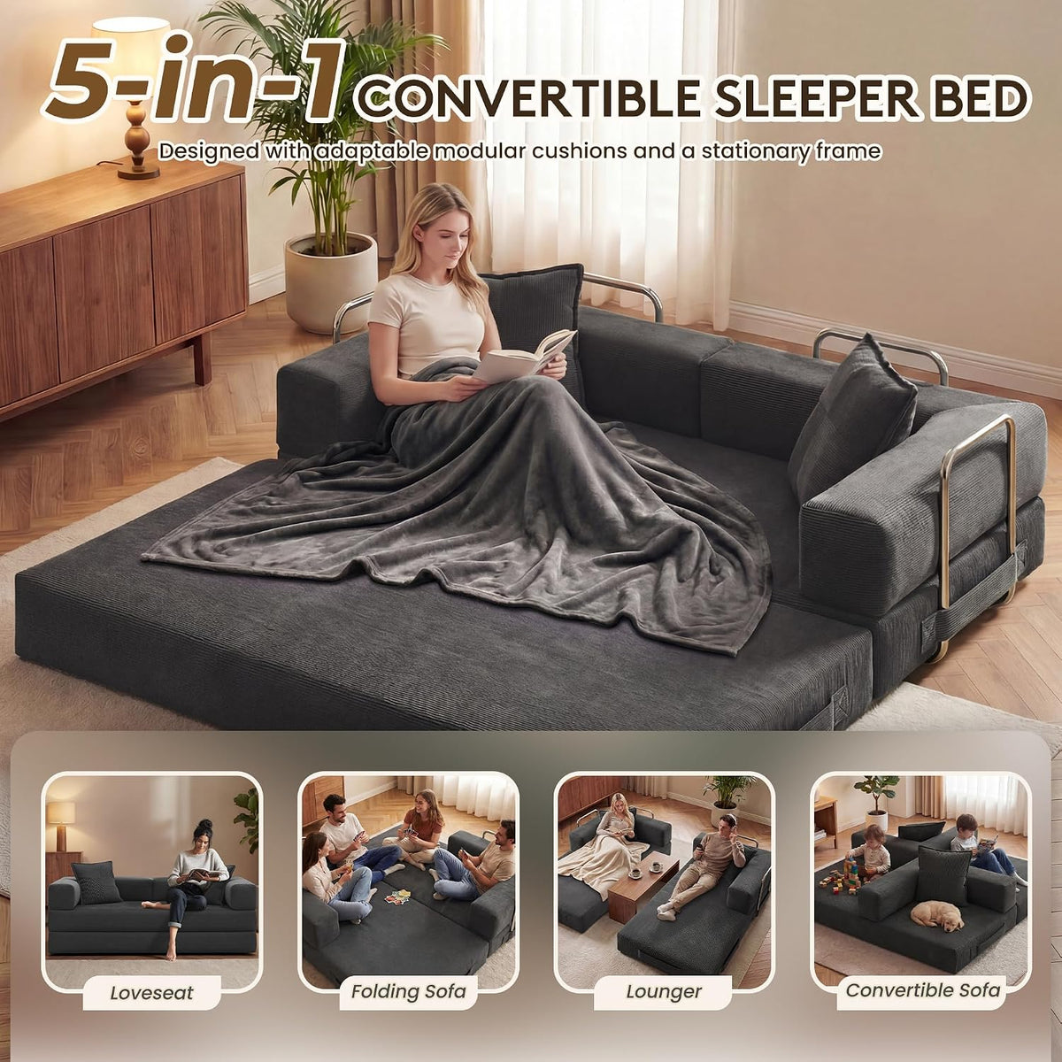 GRUSIGN 78" 5-in-1 Convertible Futon Sofa Bed, Boneless Corduroy, Gray