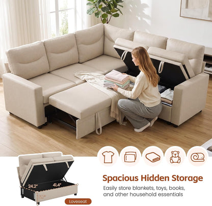 81" Sectional Sleeper Sofa Bed, 5 Seat Pull Out Couch with Storage Beige