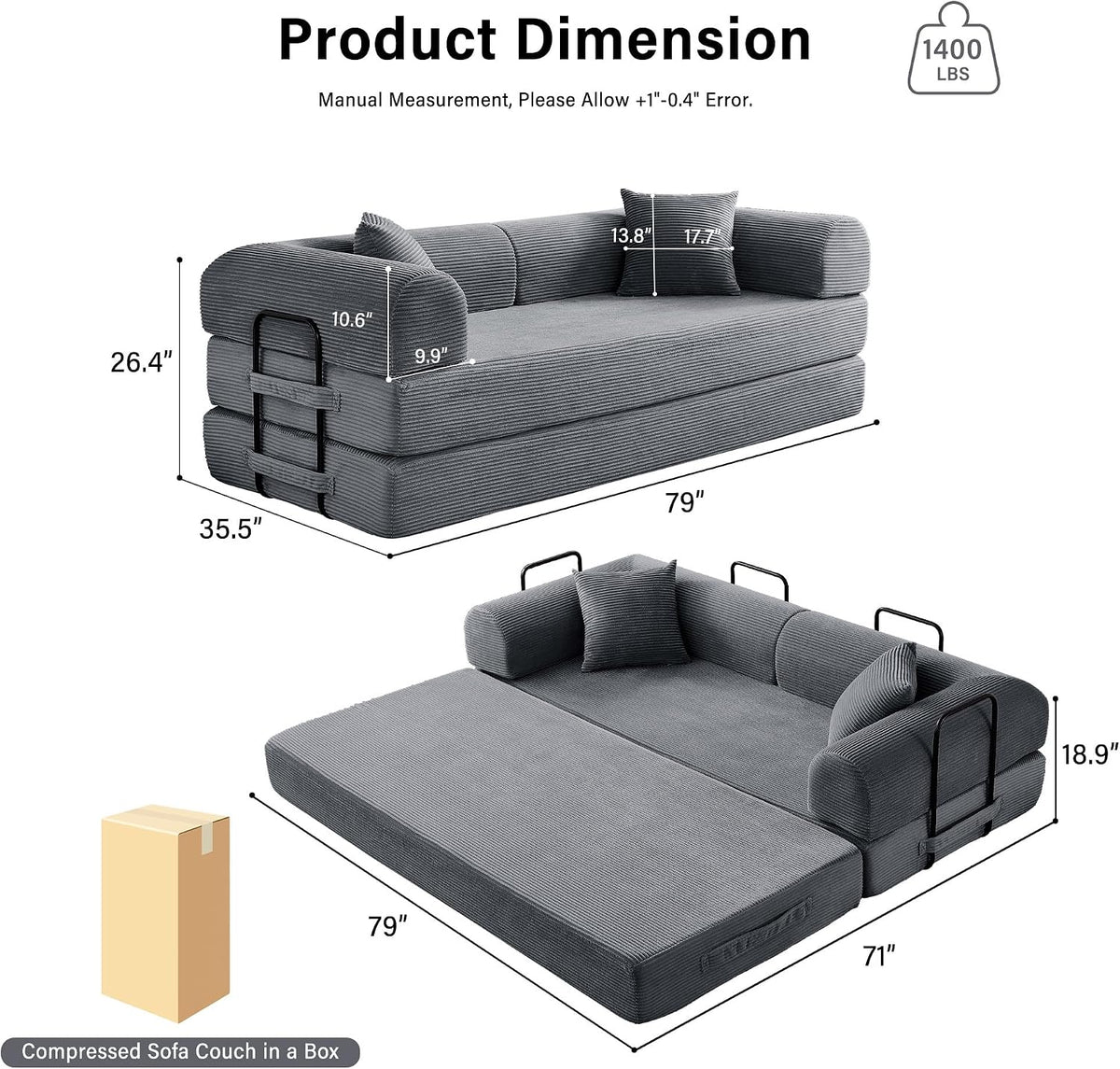 79" Convertible Sofa Bed, Boneless Sleeper Futon Couch for Living Room