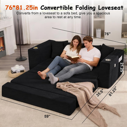 76" Convertible Sofa Bed, Corduroy Boneless Couch with Cup Holders & Pocket