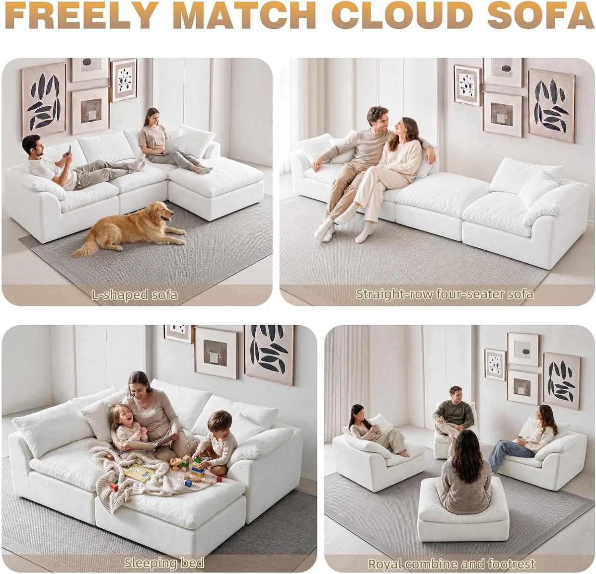 110" Boneless Cloud Couch Sectional for Living Room, Oversized Modular L Shaped Sofa with Ottoman, Deep Seat Chenille Sectional Couch for Cloud-Like Comfort (Pearl White)