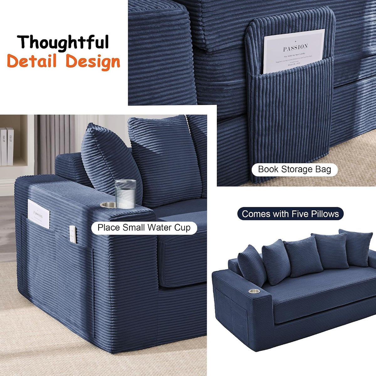 76" Convertible Sofa Bed, Corduroy Boneless Couch with Cup Holders & Pocket