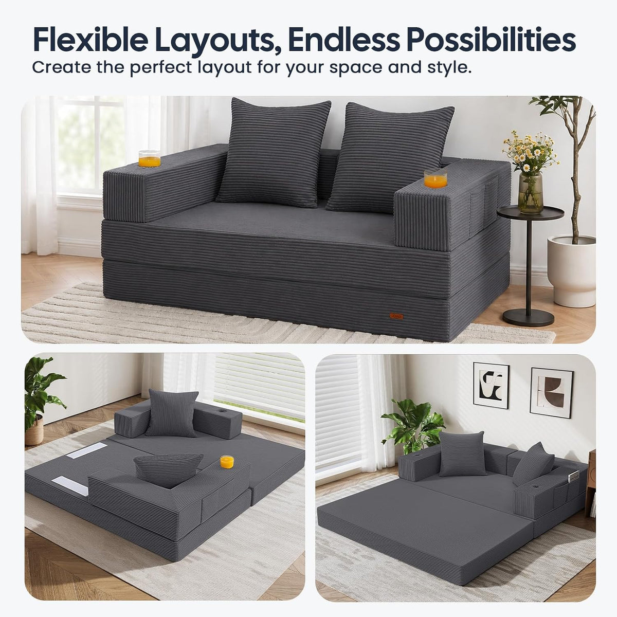 COMAX Boneless Futon Sofa Bed, 59" Small Low-Profile Floor Couch, Grey