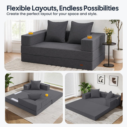 COMAX Boneless Futon Sofa Bed, 59" Small Low-Profile Floor Couch, Grey