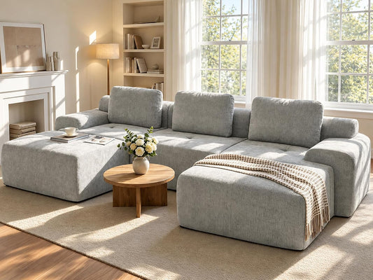 122" U Shaped Oversized Cloud Couch, Comfort Boneless Sectional Couches for Living Room, Modular Sofa High Back & Extra Deep Seat, No Assembly, Soft Chenille(Light Grey, 122 inch-U shaped（3+2）)