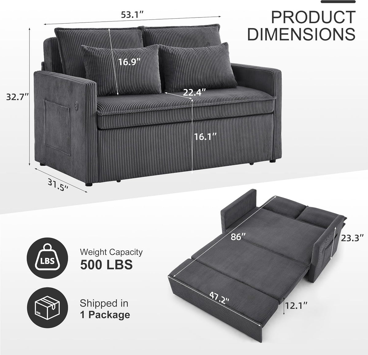 86” Extended Convertible Sofa Bed, Loveseat Sleep Sofa with USB Ports, Pull Out Couch with 6-Position Adjustable Backrest, Corduroy Couch Bed with Side Pockets for Living Room, Dark Grey