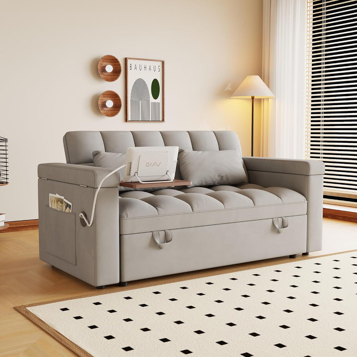 3-in-1 Convertible Pull Out Sofa Bed, 65" Loveseat Sleeper Sofas with Pullout Couch Bed with Adjustable Backrest, Side Table & Storage Armsfor Living Room