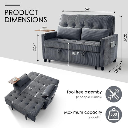 55'' Sleeper Sofa Bed, Convertible Pull Out Couch(Darkgrey)