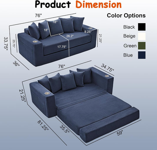 76" Convertible Sofa Bed, Corduroy Boneless Couch with Cup Holders & Pocket
