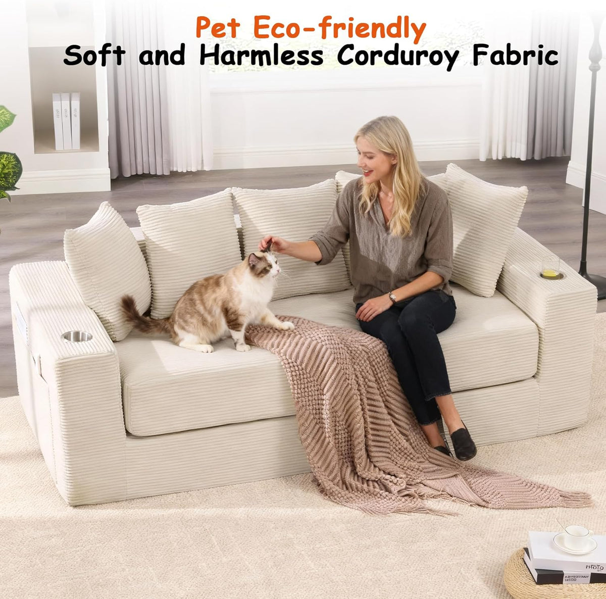76" Convertible Sofa Bed, Corduroy Boneless Couch with Cup Holders & Pocket