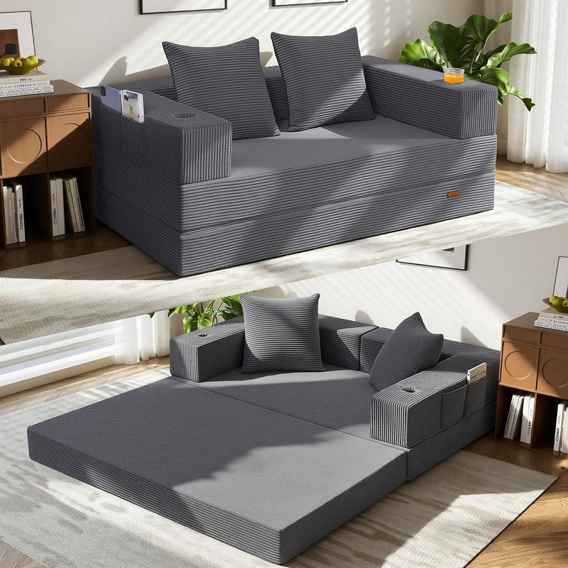 COMAX Boneless Futon Sofa Bed, 59" Small Low-Profile Floor Couch, Grey