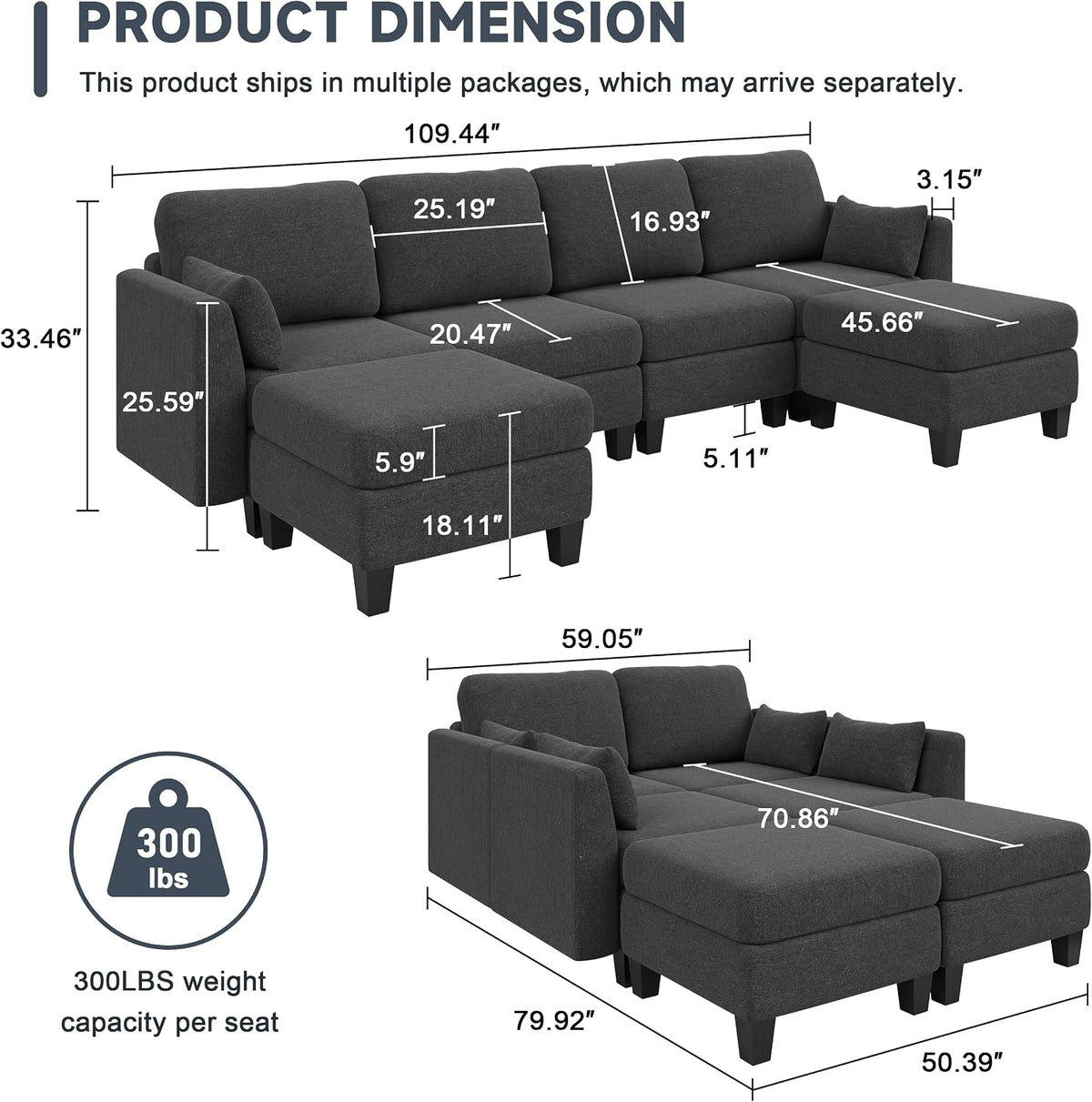 Modular Sectional Sofa, 6 Seat Modular Sleeper Sofa Couch, Dark Grey