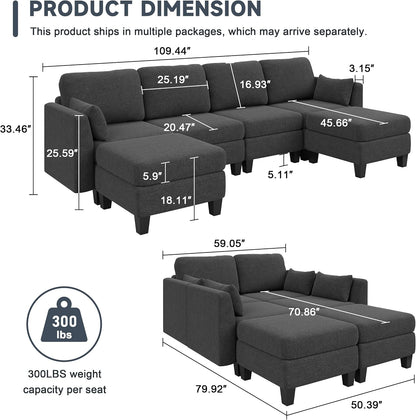 Modular Sectional Sofa, 6 Seat Modular Sleeper Sofa Couch, Dark Grey