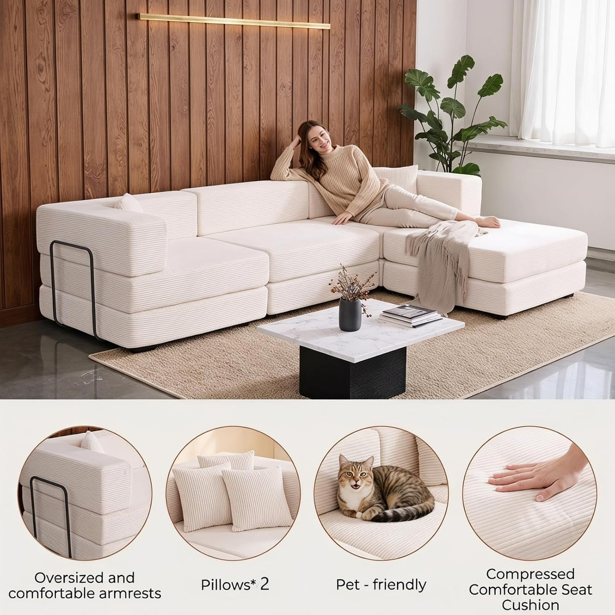 L Shaped Modular Sofa Bed, Modular Sectional Sofa with 8 Movable Cushions