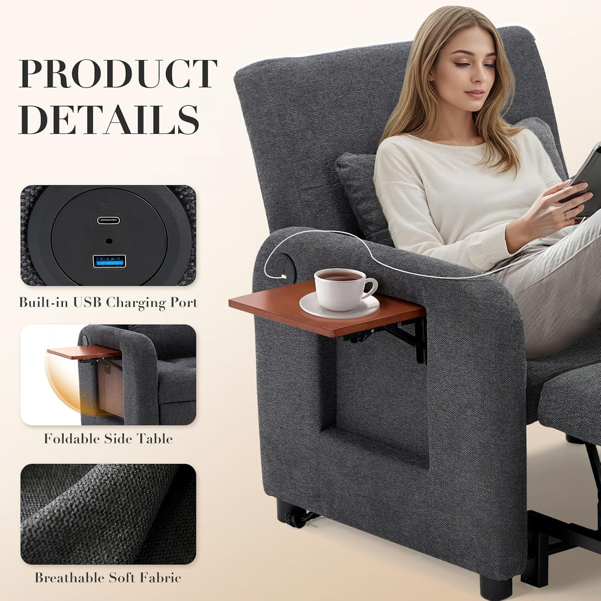 MALOL Convertible Chair-Fabric Sofa Bed, Single Sleeper Sofa, Dark Grey
