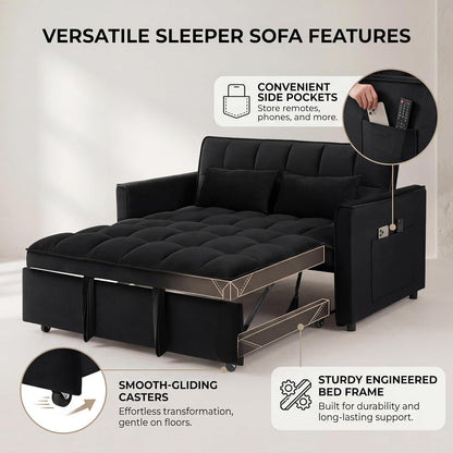 3 in 1 Convertible Sleeper Sofa Bed, 54'' Full Size Velvet Pull Out Futon Couch Recliner with Reclining Backrest & 2 Pillows, Small Loveseat Lounge Couches for Small Spaces (Black)