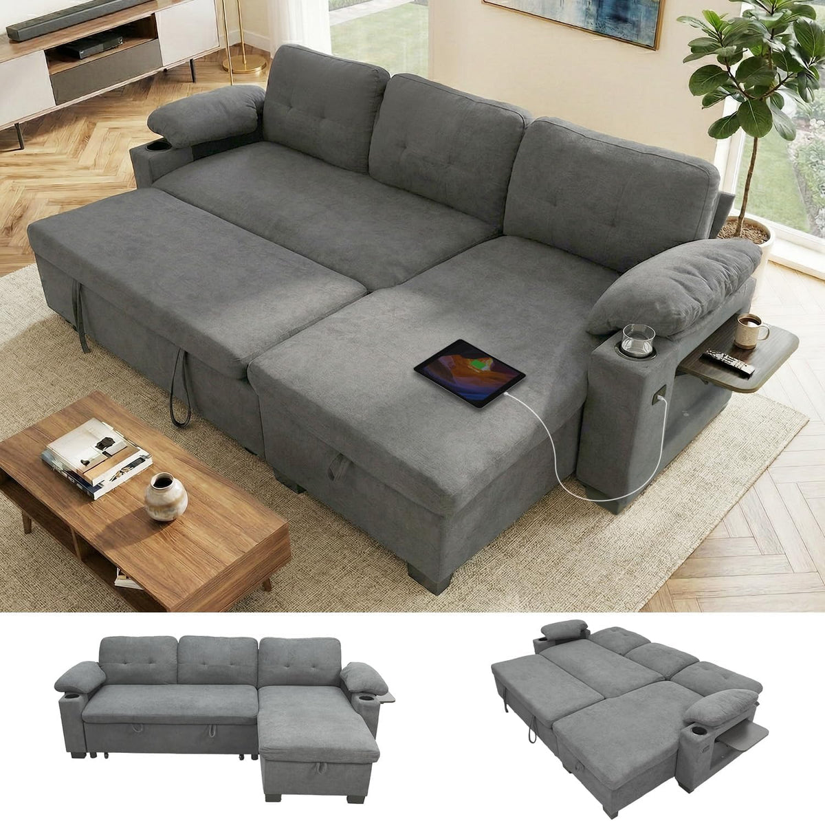 93" L Shaped Sleeper Sofa Bed, Pull Out Sectional Couch with Storage Chaise/Reclining Backrest, Sectional Couches for Living Room with USB Port, Foldable Table, Cup Holder, Side Pocket, Light Grey