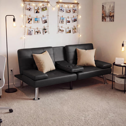 Homall Black Faux Leather Futon Sofa Bed, Loveseat with Adjustable Backrest