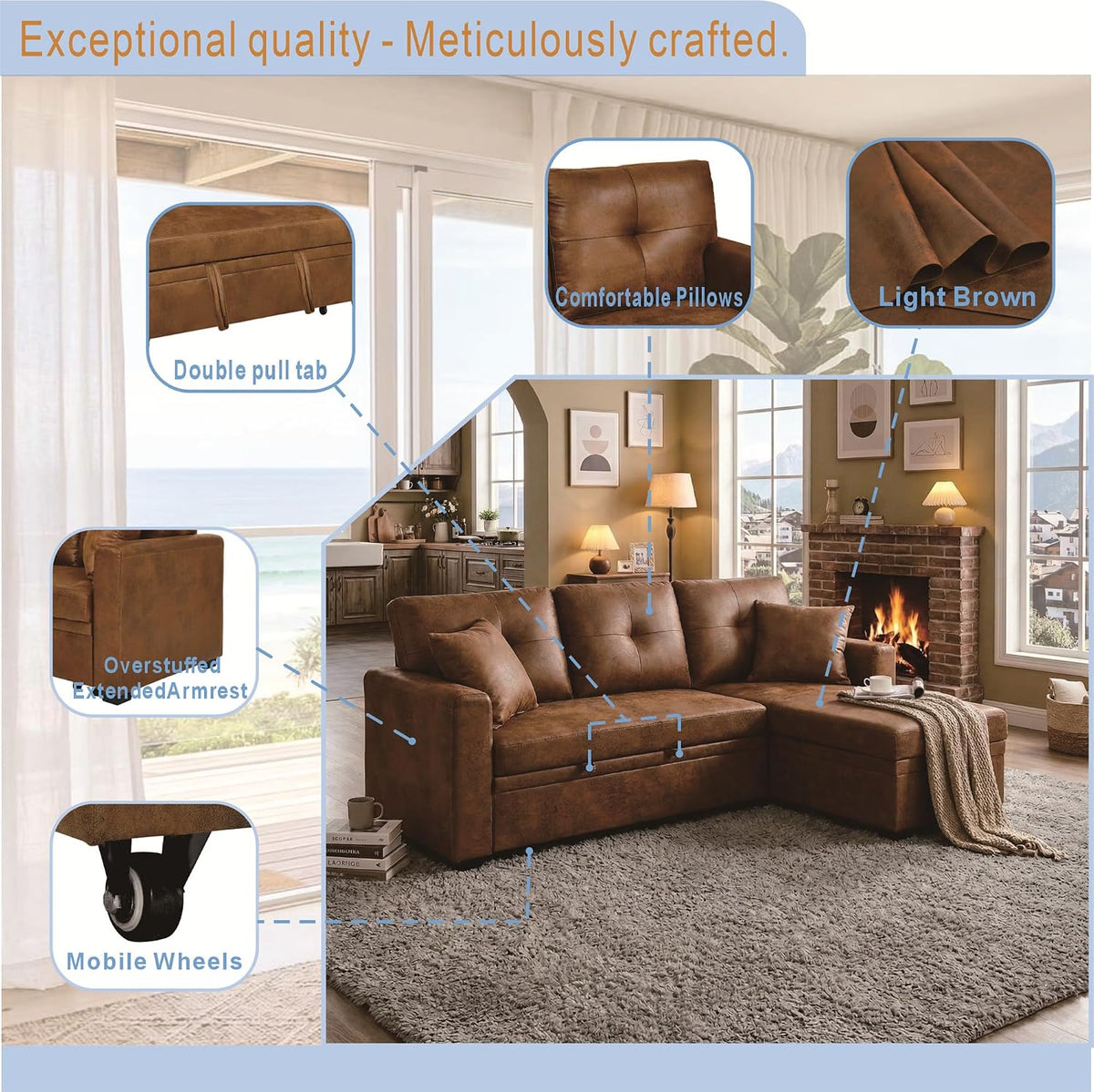 L-Shaped Pull Out Sofa Bed with Storage, 3-Seater Reversible Chaise Sleeper Couch for Small Spaces & Living Room