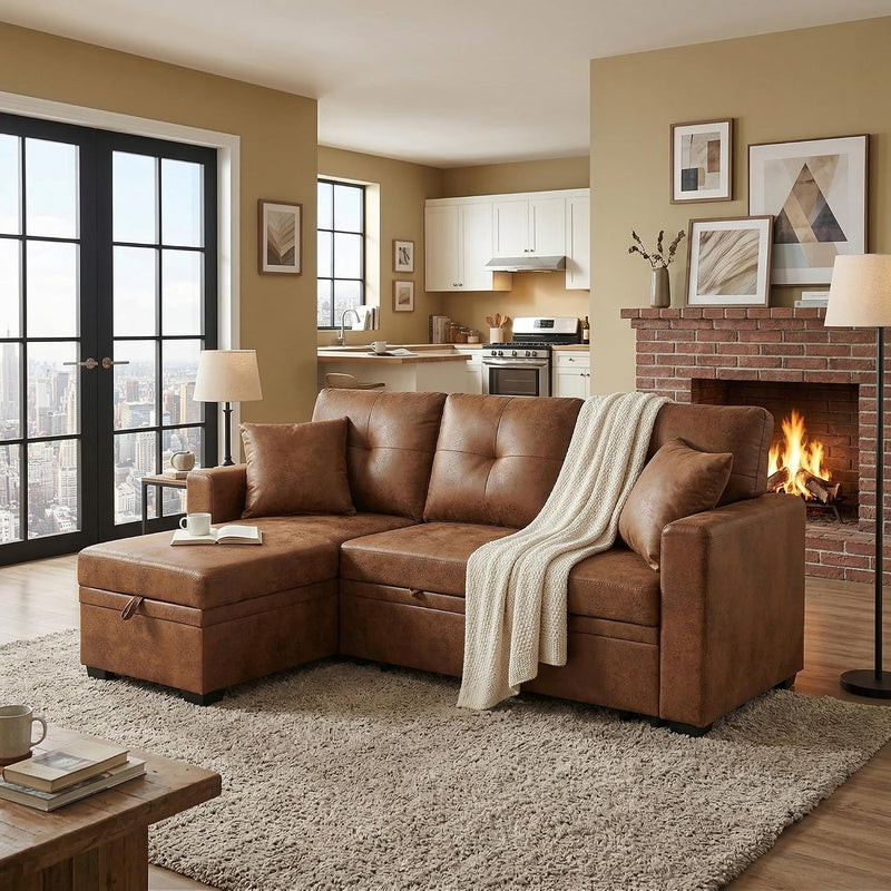 L-Shaped Pull Out Sofa Bed with Storage, 3-Seater Reversible Chaise Sleeper Couch for Small Spaces & Living Room