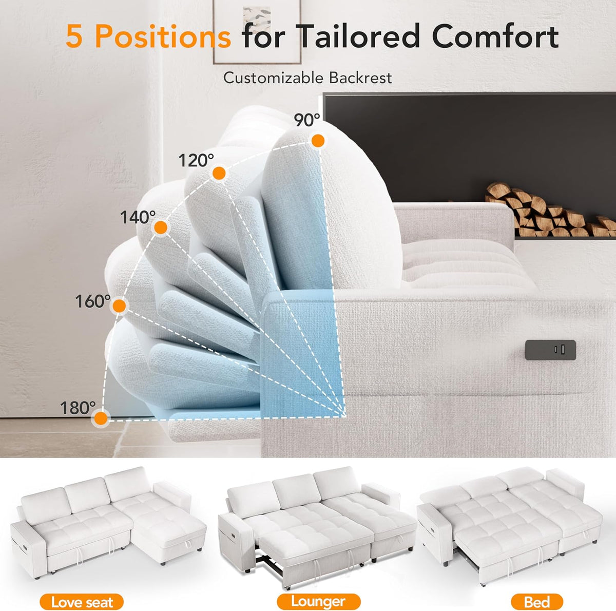 WEUP 81" Modular Sectional Sleeper Sofa Bed, Chenille L-Shaped Couch Bed with Adjustable Backrest, Pull Out Couch with Reversible Chaise Storage, USB Charging & Tool-Free Assembly, Beige