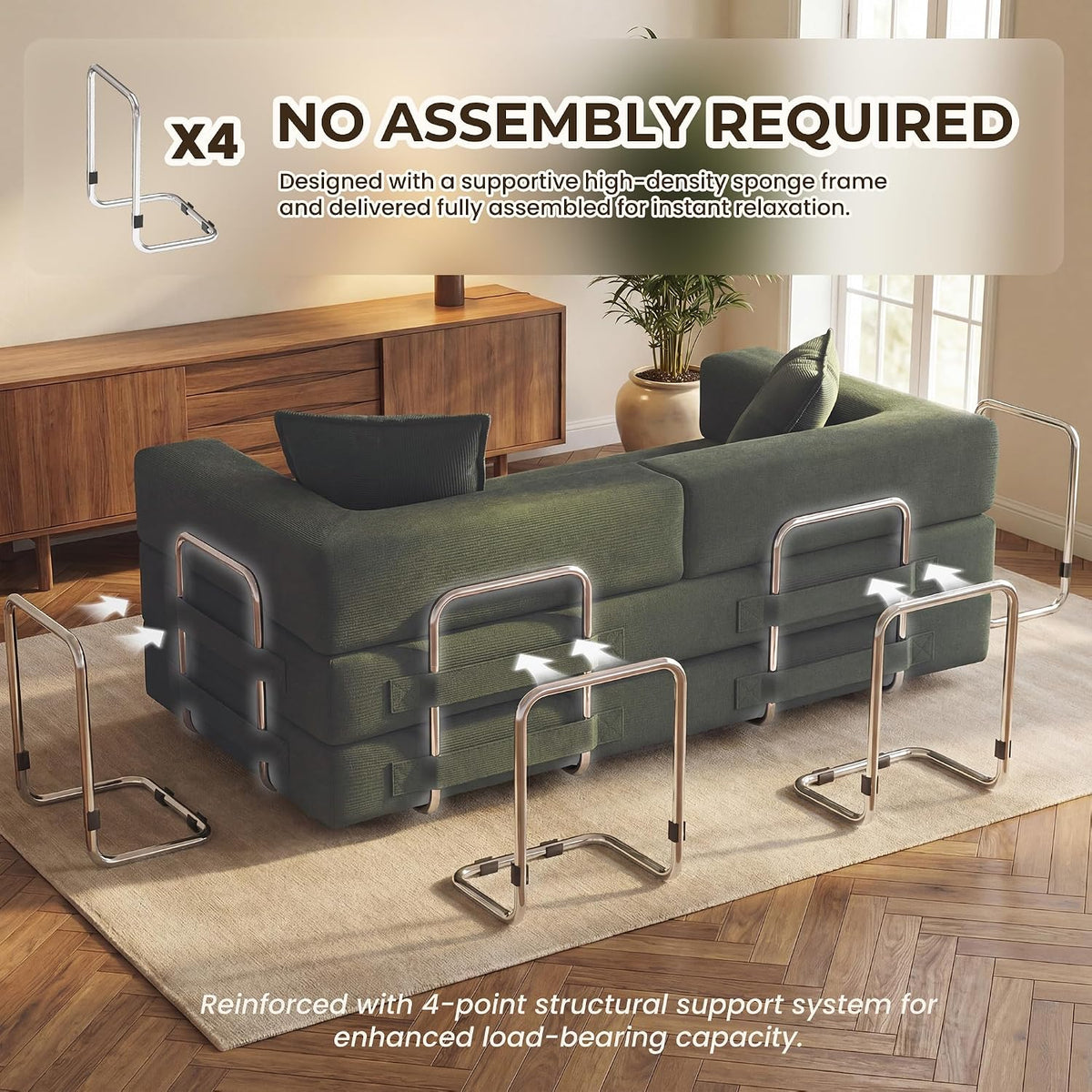 GRUSIGN 78" 5-in-1 Convertible Futon Sofa Bed, Boneless Corduroy, Green
