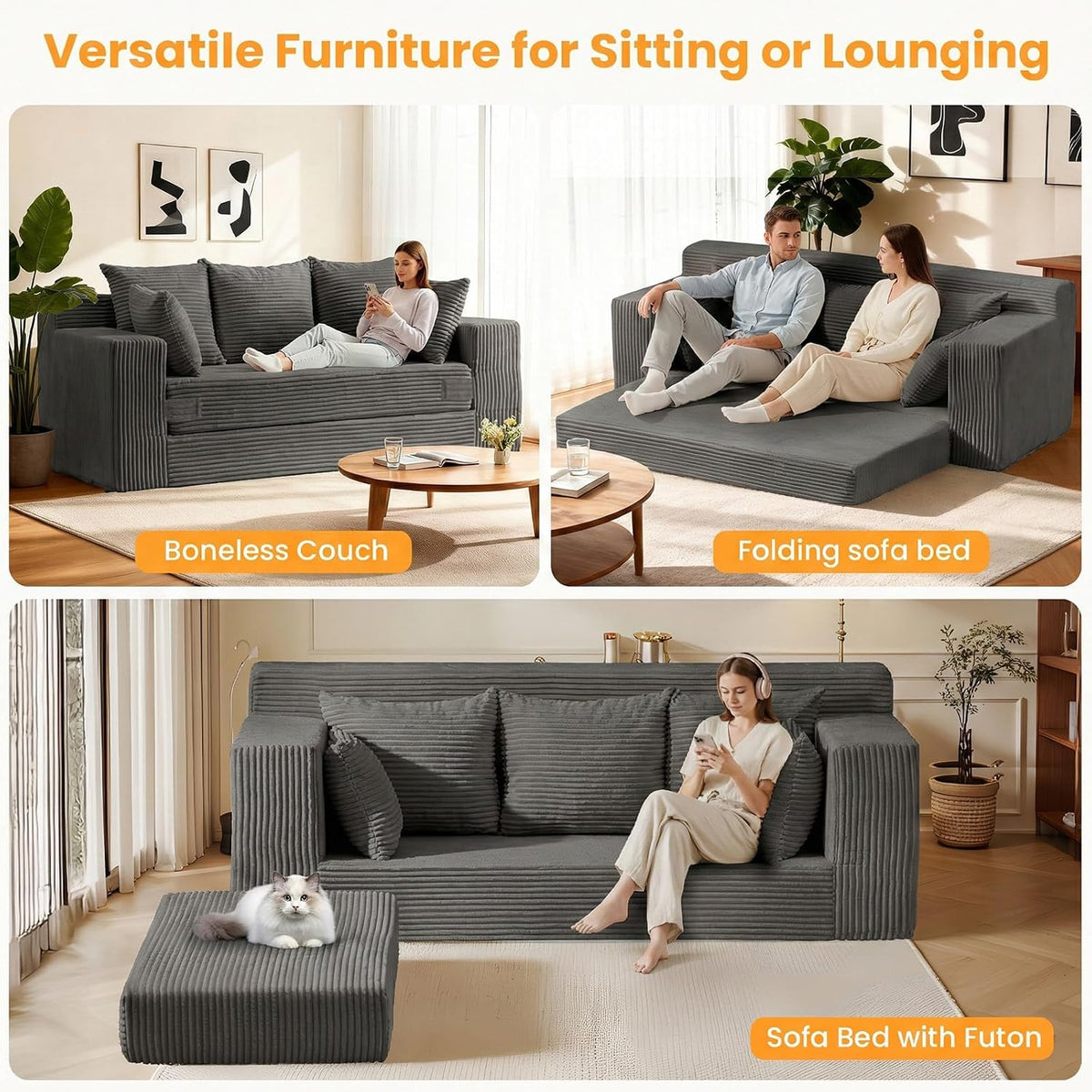 Boneless Couches 70 inch, 3 Seater Boneless Couch with Futon Couch Corduroy Boneless Couch with 5 Pillows, Gray Sofa for Living Room & Bedroom