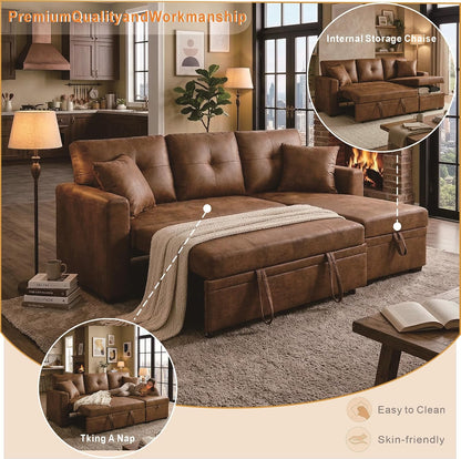 L-Shaped Pull Out Sofa Bed with Storage, 3-Seater Reversible Chaise Sleeper Couch for Small Spaces & Living Room