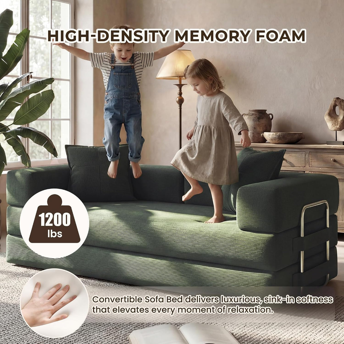 GRUSIGN 78" 5-in-1 Convertible Futon Sofa Bed, Boneless Corduroy, Green