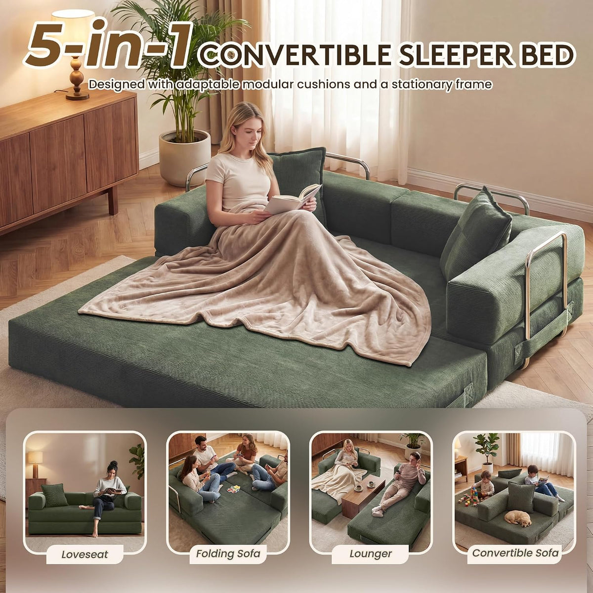 GRUSIGN 78" 5-in-1 Convertible Futon Sofa Bed, Boneless Corduroy, Green