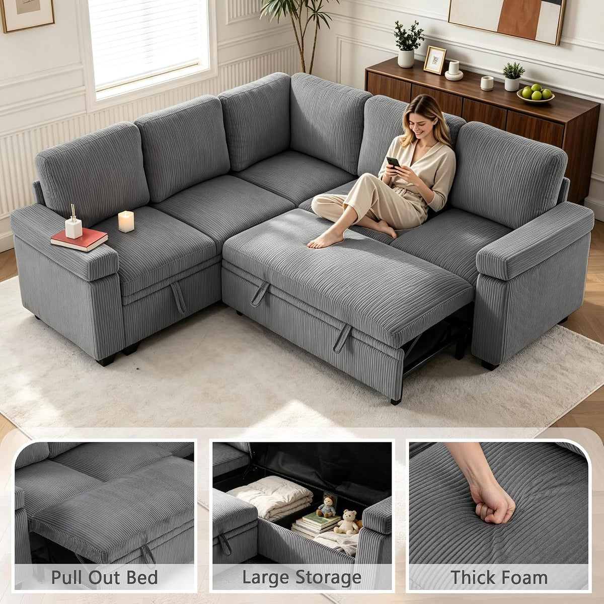 86" Modular Sectional Sleeper Sofa with Pull Out Bed, Sleeper Couch, Gray