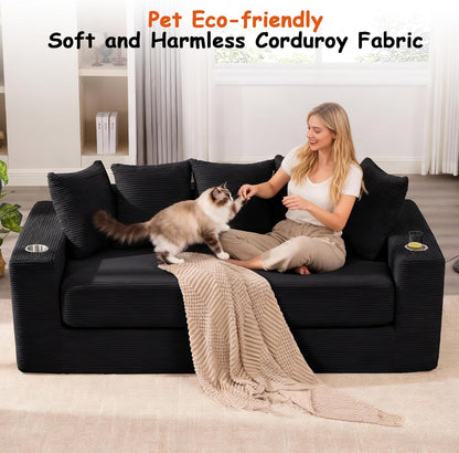 76" Convertible Sofa Bed, Corduroy Boneless Couch with Cup Holders & Pocket