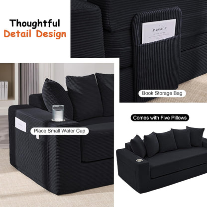 76" Convertible Sofa Bed, Corduroy Boneless Couch with Cup Holders & Pocket