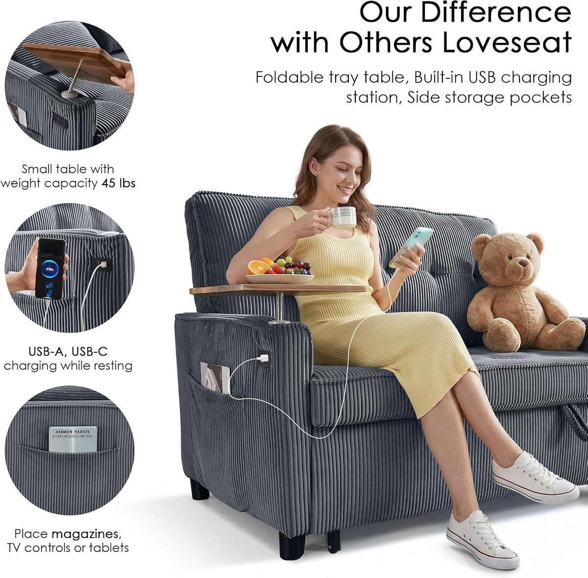 55'' Sleeper Sofa Bed, Convertible Pull Out Couch(Darkgrey)