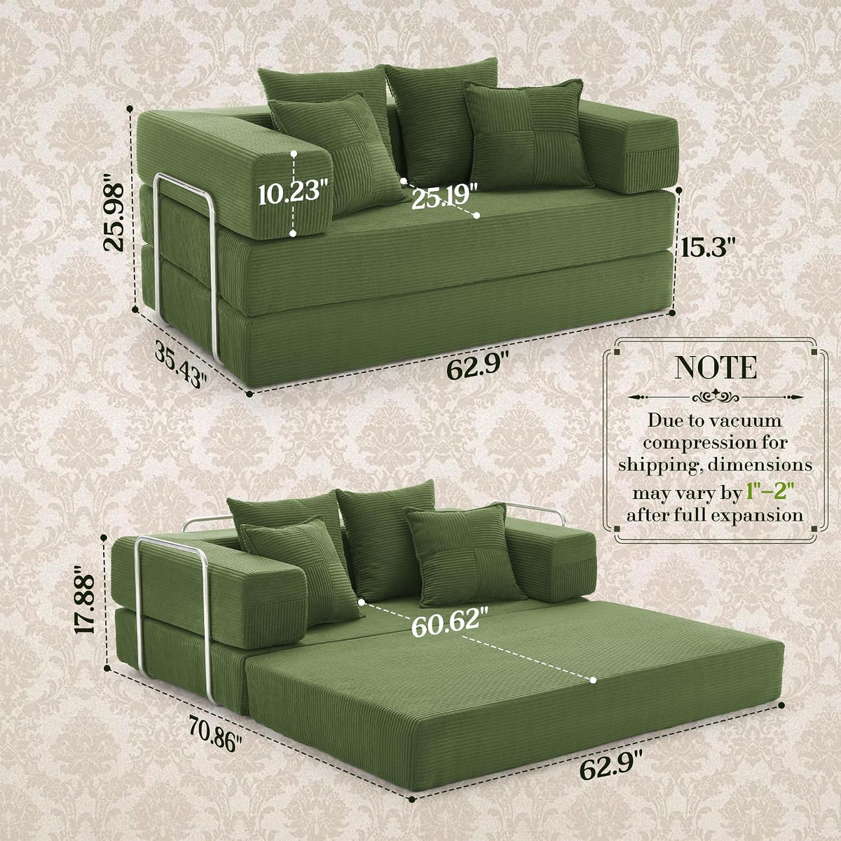 Convertible Futon Sofa Bed - Boneless Couch for Living Room with High Backrest - Futon Sleeper Sofa with Reinforced Anti-Wobble Support Frame - Modular Pull Out Couch No Assembly,Forest Green