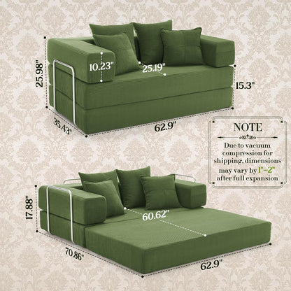 Convertible Futon Sofa Bed - Boneless Couch for Living Room with High Backrest - Futon Sleeper Sofa with Reinforced Anti-Wobble Support Frame - Modular Pull Out Couch No Assembly,Forest Green